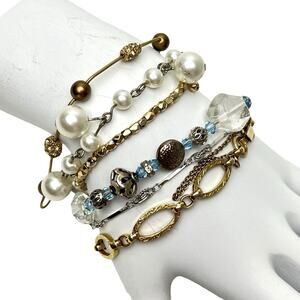 Lot 6 Bracelets Rhinestone Faux Pearls Boho Chic Stackable Delicate Eclectic